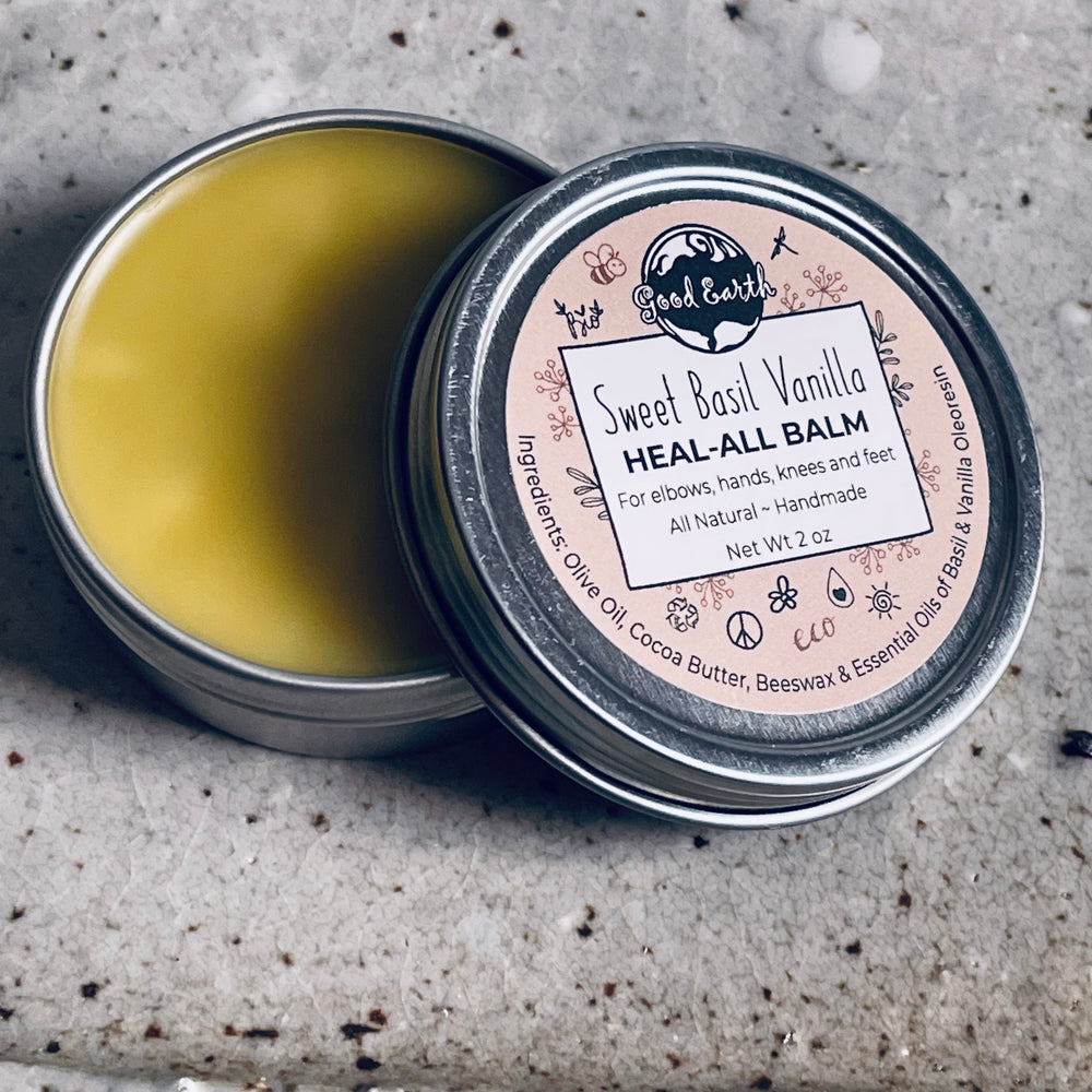 All natural heal-all balm made with essentials oils in silver 2 oz container