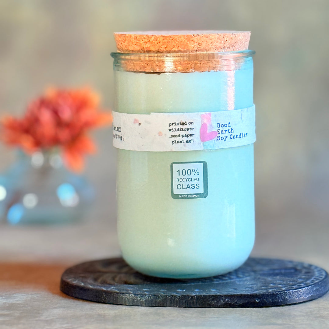 100% recycled glass jar soy candle