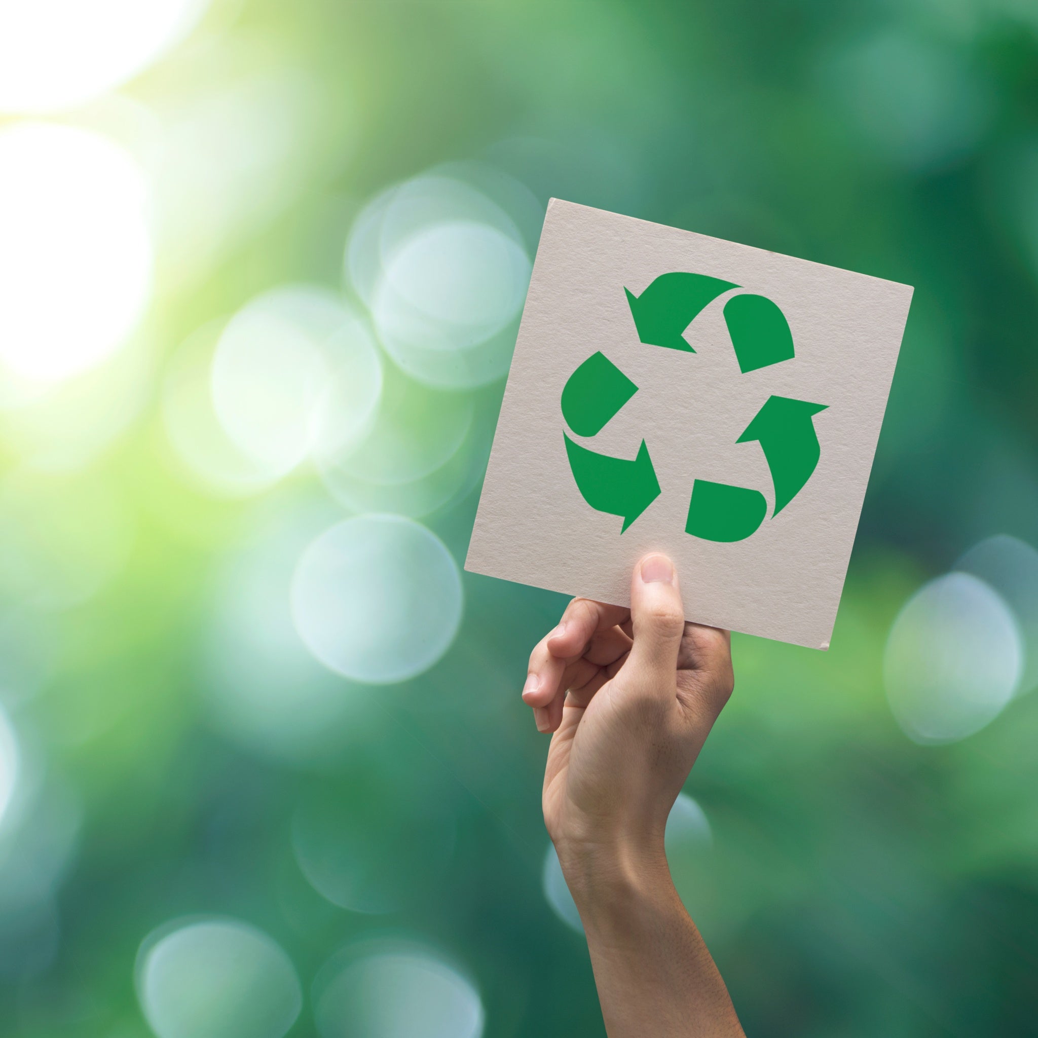 photo of a hand holding up a green arrow recycle sign