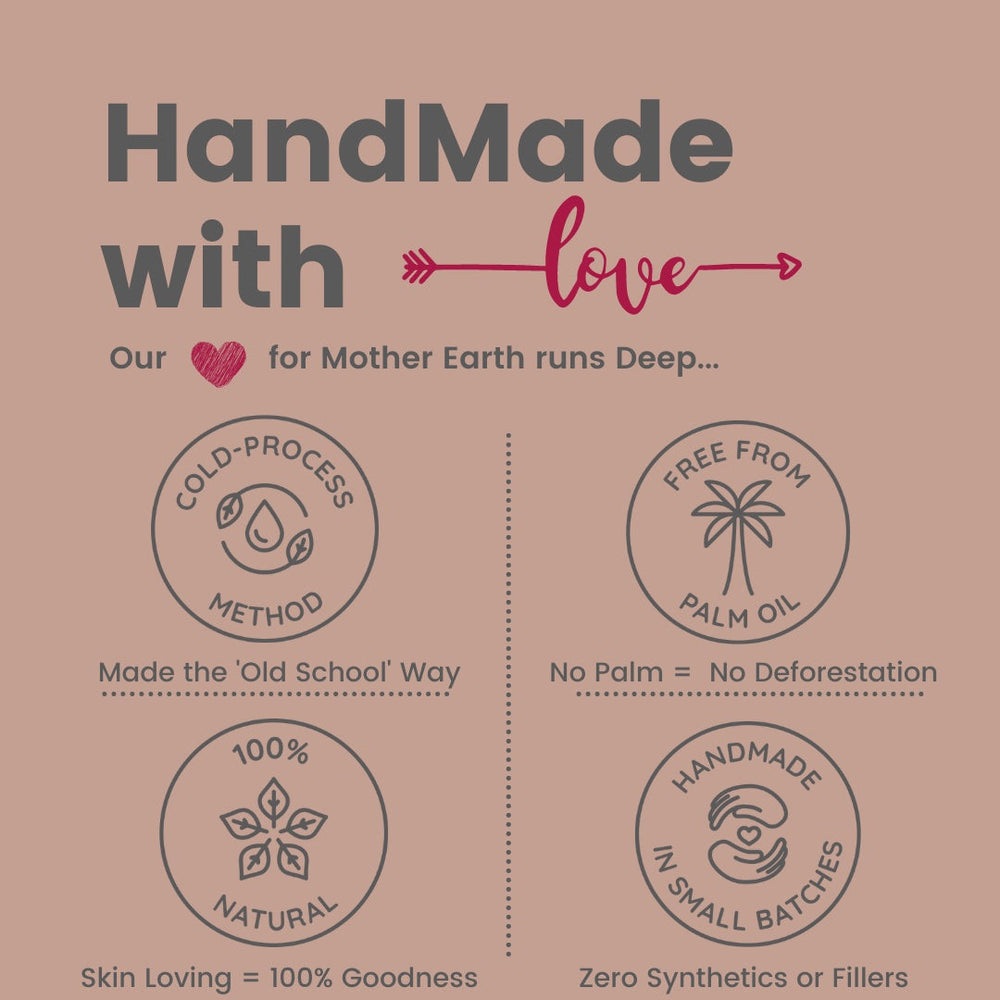 Handme with love, palm free, small batch natural soap bars, zero synthetics or fillers